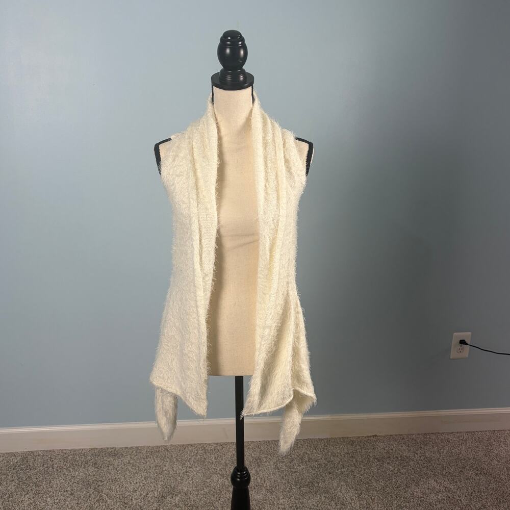 Ivory Fuzzy Eyelash Knit Open Front Vest Crochet Back Boho Cardigan S